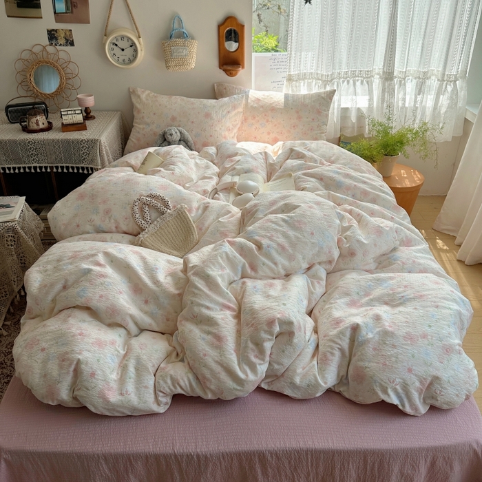 91家纺网 家纺一手货源 找家纺 红嘴企鹅 2025新款水洗棉四件套 柔眠花町