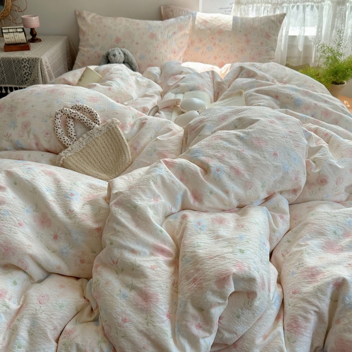 91家纺网 家纺一手货源 找家纺 红嘴企鹅 2025新款水洗棉四件套 柔眠花町