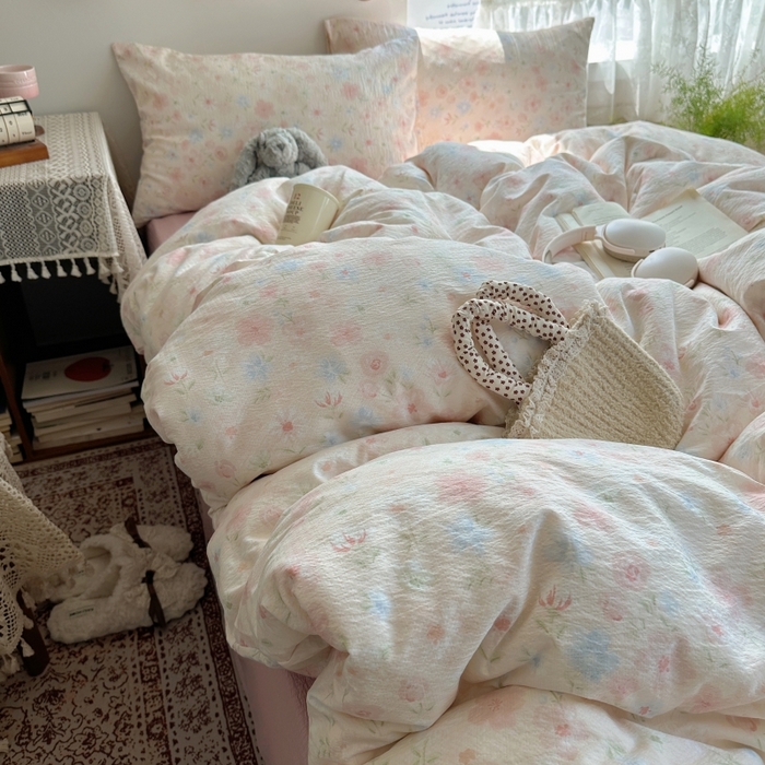 91家纺网 家纺一手货源 找家纺 红嘴企鹅 2025新款水洗棉四件套 柔眠花町