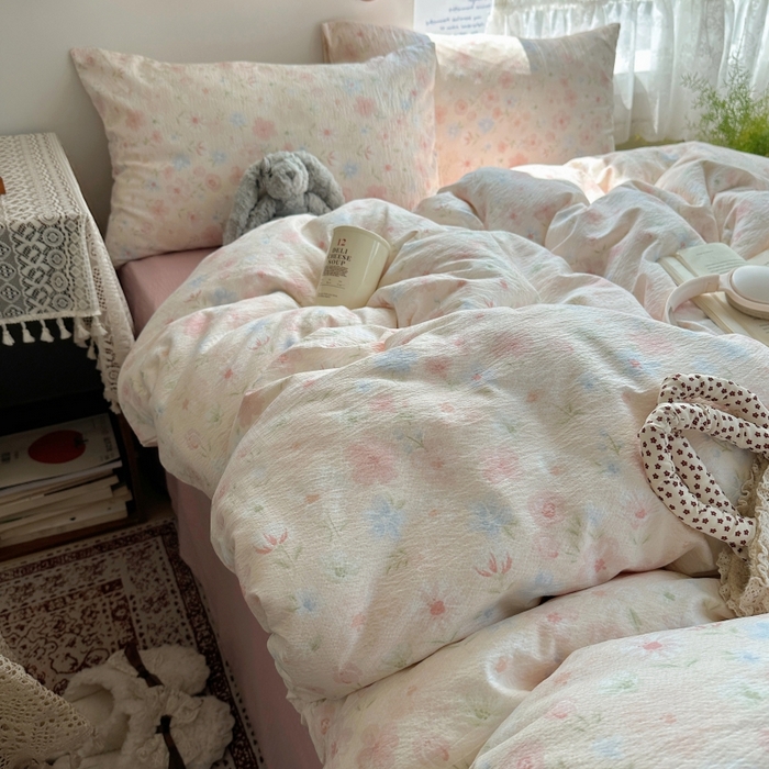 91家纺网 家纺一手货源 找家纺 红嘴企鹅 2025新款水洗棉四件套 柔眠花町