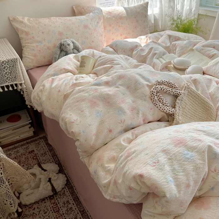 91家纺网 家纺一手货源 找家纺 红嘴企鹅 2025新款水洗棉四件套 柔眠花町