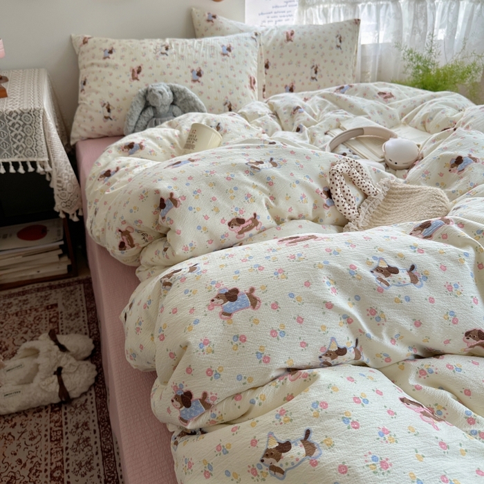 91家纺网 家纺一手货源 找家纺 红嘴企鹅 2025新款水洗棉四件套 甜心小狗