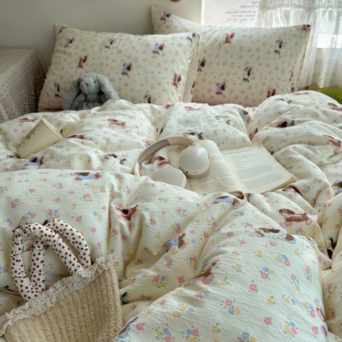 91家纺网 家纺一手货源 找家纺 红嘴企鹅 2025新款水洗棉四件套 甜心小狗