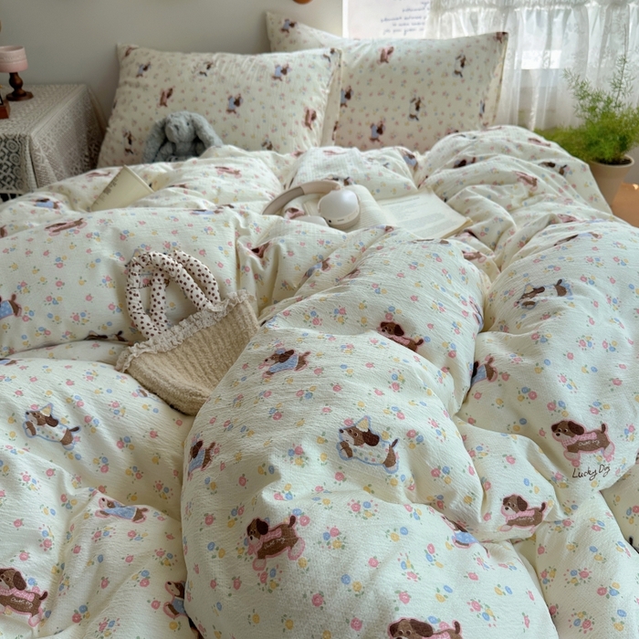 91家纺网 家纺一手货源 找家纺 红嘴企鹅 2025新款水洗棉四件套 甜心小狗