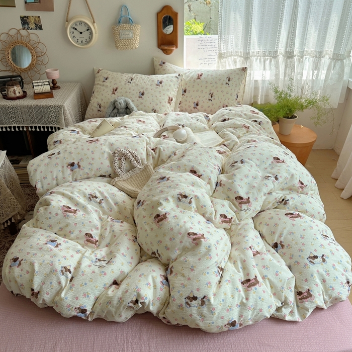 91家纺网 家纺一手货源 找家纺 红嘴企鹅 2025新款水洗棉四件套 甜心小狗