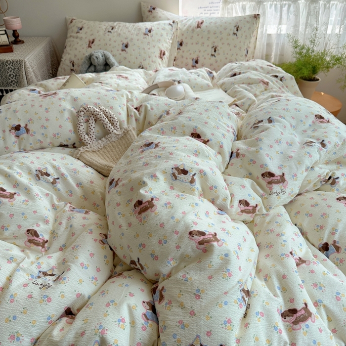 91家纺网 家纺一手货源 找家纺 红嘴企鹅 2025新款水洗棉四件套 甜心小狗