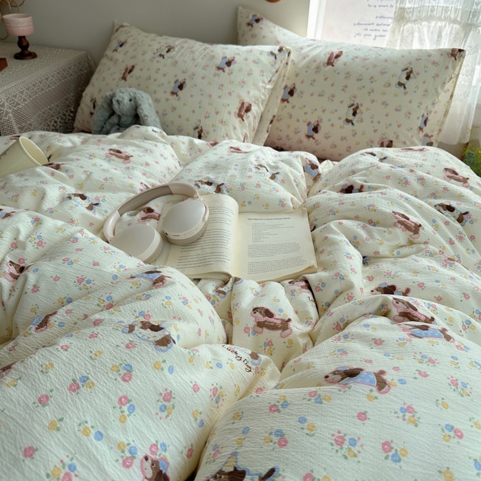 91家纺网 家纺一手货源 找家纺 红嘴企鹅 2025新款水洗棉四件套 甜心小狗