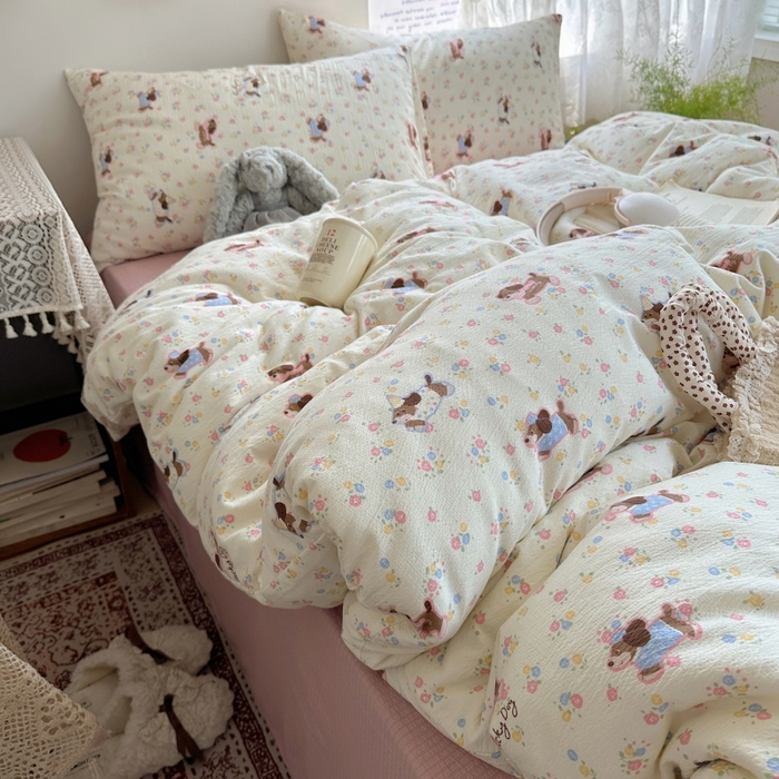 91家纺网 家纺一手货源 找家纺 红嘴企鹅 2025新款水洗棉四件套 甜心小狗