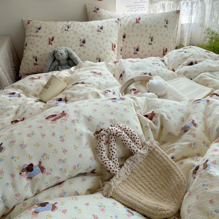 91家纺网 家纺一手货源 找家纺 红嘴企鹅 2025新款水洗棉四件套 甜心小狗