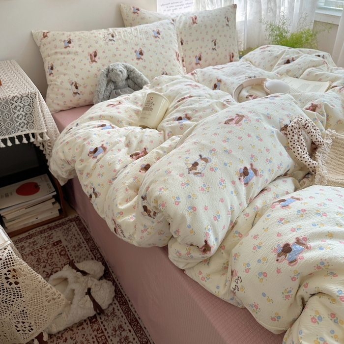 91家纺网 家纺一手货源 找家纺 红嘴企鹅 2025新款水洗棉四件套 甜心小狗