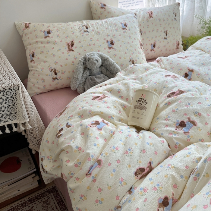 91家纺网 家纺一手货源 找家纺 红嘴企鹅 2025新款水洗棉四件套 甜心小狗