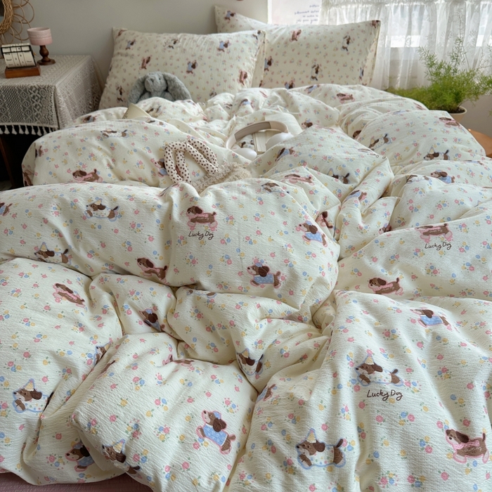 91家纺网 家纺一手货源 找家纺 红嘴企鹅 2025新款水洗棉四件套 甜心小狗