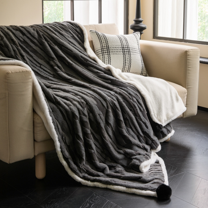 91家纺网 家纺一手货源 找家纺 （总）潮邦创意家居 2025全新升级阳离子提花兔毛球毯毯子-雪兔波纹系列轻奢风格图