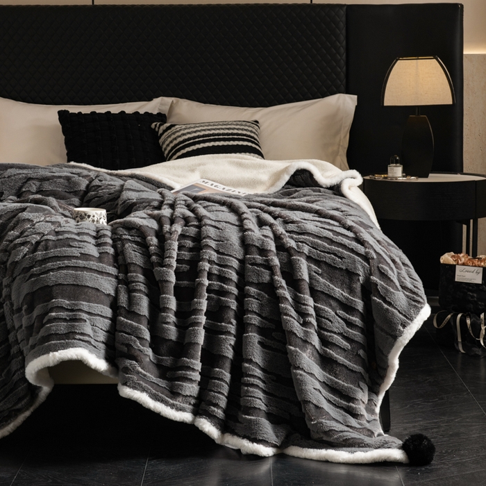 潮邦创意家居 2025全新升级阳离子提花兔毛球毯毯子-雪兔波纹系列轻奢风格图 雪兔波纹-墨分灰