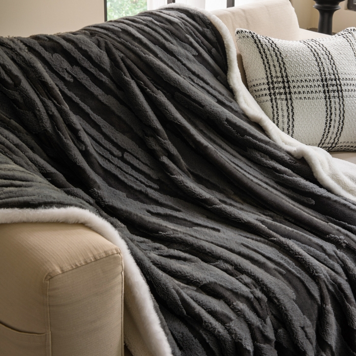 91家纺网 家纺一手货源 找家纺 潮邦创意家居 2025全新升级阳离子提花兔毛球毯毯子-雪兔波纹系列轻奢风格图 雪兔波纹-墨分灰