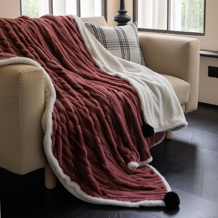 91家纺网 家纺一手货源 找家纺 潮邦创意家居 2025全新升级阳离子提花兔毛球毯毯子-雪兔波纹系列轻奢风格图 雪兔波纹-绒焰红