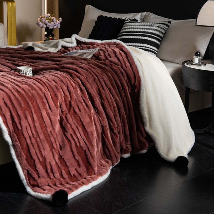 91家纺网 家纺一手货源 找家纺 潮邦创意家居 2025全新升级阳离子提花兔毛球毯毯子-雪兔波纹系列轻奢风格图 雪兔波纹-绒焰红