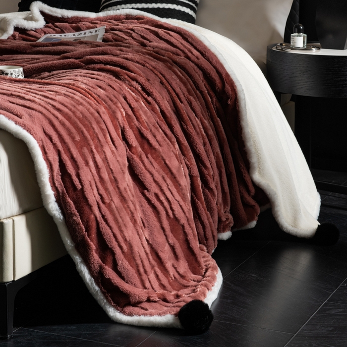 91家纺网 家纺一手货源 找家纺 潮邦创意家居 2025全新升级阳离子提花兔毛球毯毯子-雪兔波纹系列轻奢风格图 雪兔波纹-绒焰红