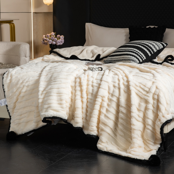 91家纺网 家纺一手货源 找家纺 潮邦创意家居 2025全新升级阳离子提花兔毛球毯毯子-雪兔波纹系列轻奢风格图 雪兔波纹-雾绒白