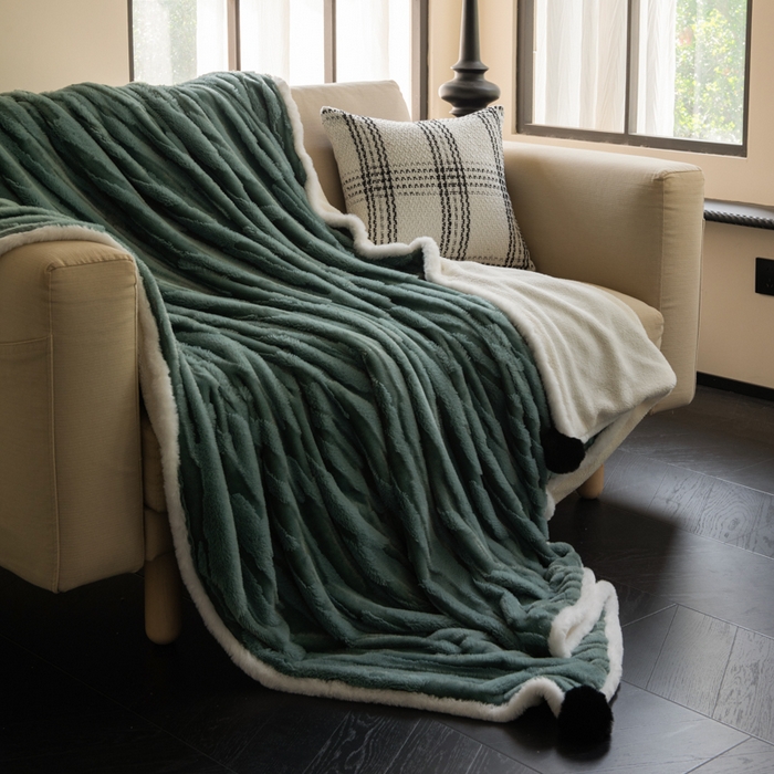 91家纺网 家纺一手货源 找家纺 潮邦创意家居 2025全新升级阳离子提花兔毛球毯毯子-雪兔波纹系列轻奢风格图 雪兔波纹-朱弦绿