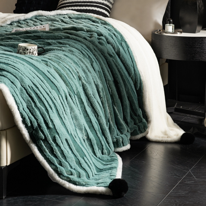91家纺网 家纺一手货源 找家纺 潮邦创意家居 2025全新升级阳离子提花兔毛球毯毯子-雪兔波纹系列轻奢风格图 雪兔波纹-朱弦绿