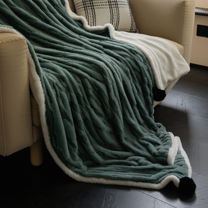 91家纺网 家纺一手货源 找家纺 潮邦创意家居 2025全新升级阳离子提花兔毛球毯毯子-雪兔波纹系列轻奢风格图 雪兔波纹-朱弦绿