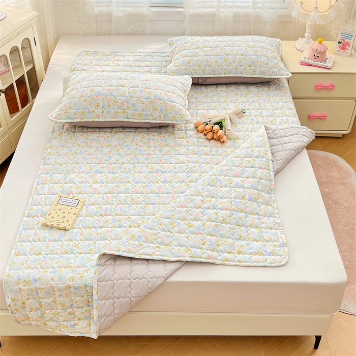 91家纺网 家纺一手货源 找家纺 圣比熊 2025新款云感双层纱夹棉床褥床护垫床垫保护垫学生宿舍专用三件套 春日初见