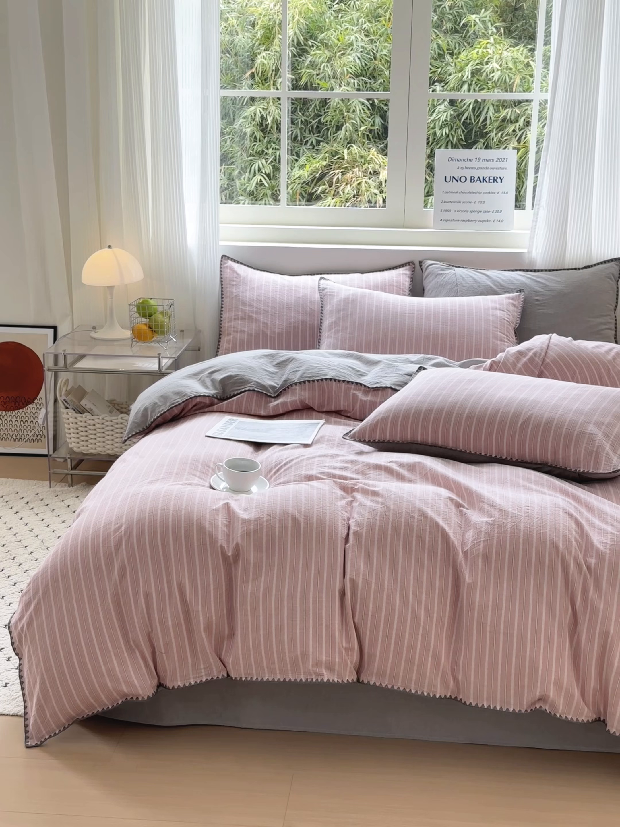 91家纺网 家纺一手货源 找家纺 晚依家纺 2025新款A类全棉色织水洗棉被套单件格子条纹四件套学生宿舍被罩三件套定制定做 乐事-粉灰