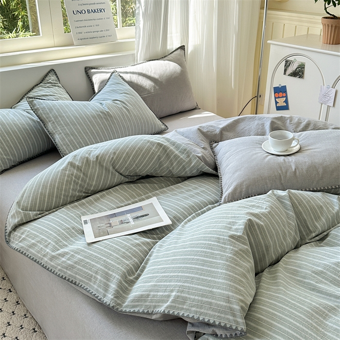 91家纺网 家纺一手货源 找家纺 晚依家纺 2025新款A类全棉色织水洗棉被套单件格子条纹四件套学生宿舍被罩三件套定制定做 乐事-绿灰