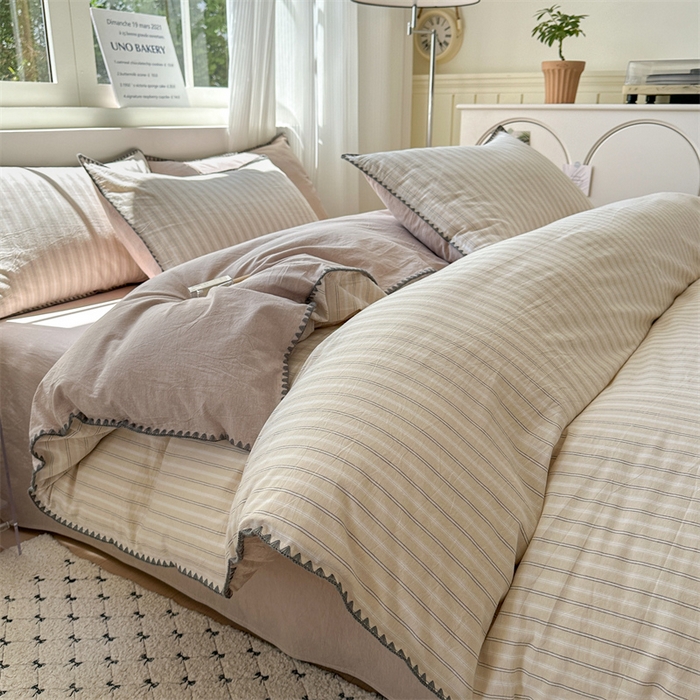 91家纺网 家纺一手货源 找家纺 晚依家纺 2025新款A类全棉色织水洗棉被套单件格子条纹四件套学生宿舍被罩三件套定制定做 乐事-米杏