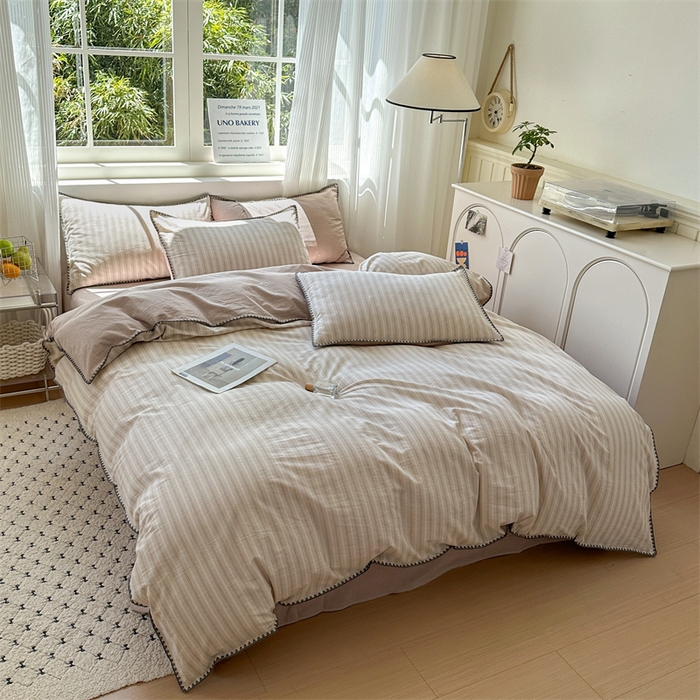 91家纺网 家纺一手货源 找家纺 晚依家纺 2025新款A类全棉色织水洗棉被套单件格子条纹四件套学生宿舍被罩三件套定制定做 乐事-米杏