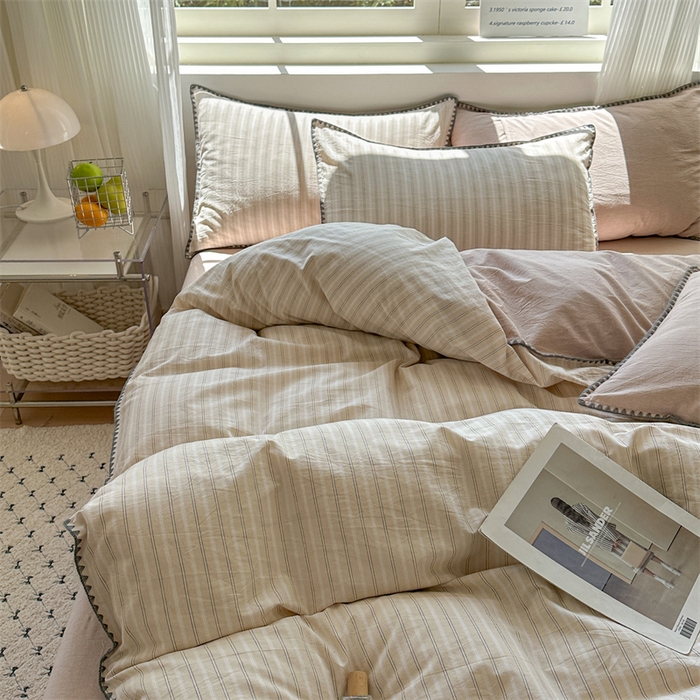 91家纺网 家纺一手货源 找家纺 晚依家纺 2025新款A类全棉色织水洗棉被套单件格子条纹四件套学生宿舍被罩三件套定制定做 乐事-米杏