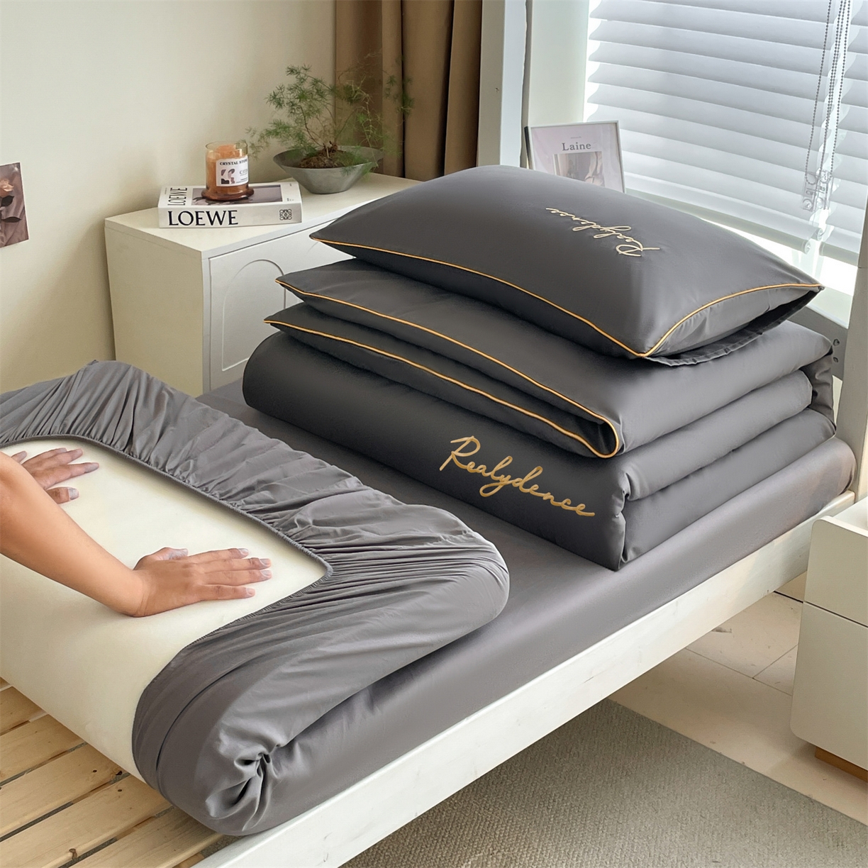 小久久（小九九） 2025新款亲肤水洗棉麻绳款学生三件套-安琪系列 安琪-高级灰