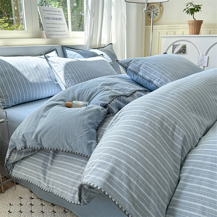 91家纺网 家纺一手货源 找家纺 晚依家纺 2025新款A类全棉色织水洗棉被套单件格子条纹四件套学生宿舍被罩三件套定制定做 乐事-浅蓝