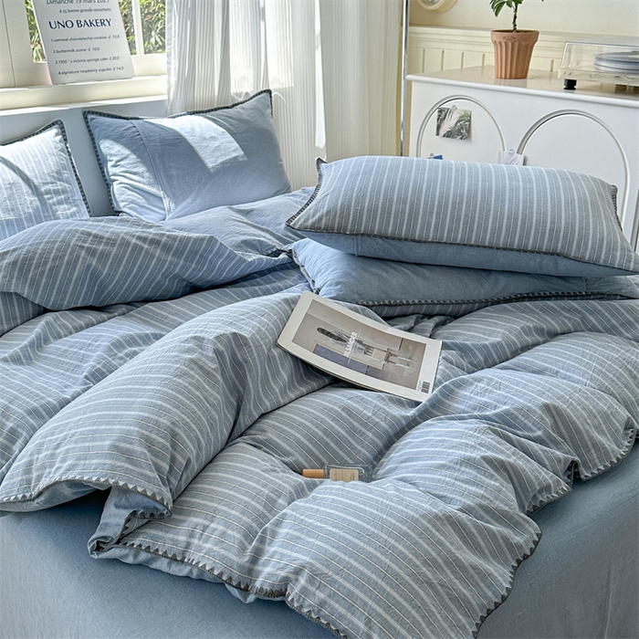 91家纺网 家纺一手货源 找家纺 晚依家纺 2025新款A类全棉色织水洗棉被套单件格子条纹四件套学生宿舍被罩三件套定制定做 乐事-浅蓝