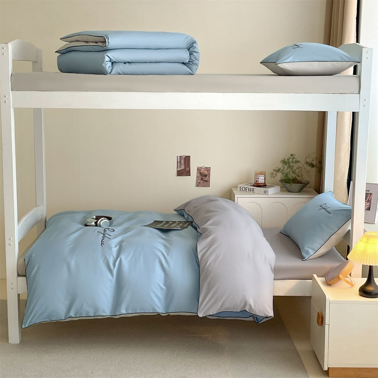 91家纺网 家纺一手货源 找家纺 小久久（小九九） 2025新款亲肤水洗棉麻绳款学生三件套-安琪系列 安琪-海清+山灰