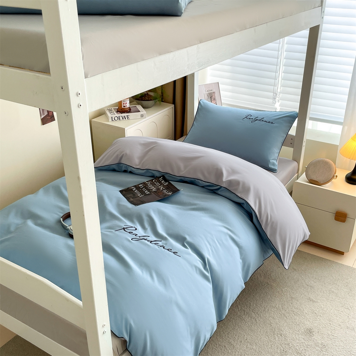 91家纺网 家纺一手货源 找家纺 小久久（小九九） 2025新款亲肤水洗棉麻绳款学生三件套-安琪系列 安琪-海清+山灰