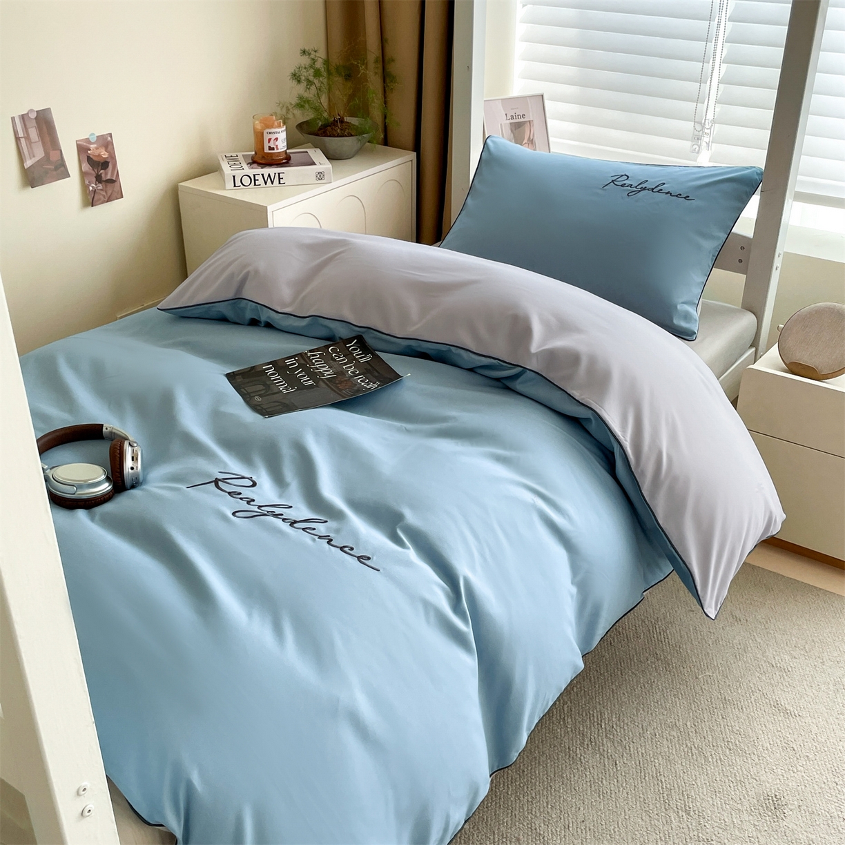 91家纺网 家纺一手货源 找家纺 小久久（小九九） 2025新款亲肤水洗棉麻绳款学生三件套-安琪系列 安琪-海清+山灰