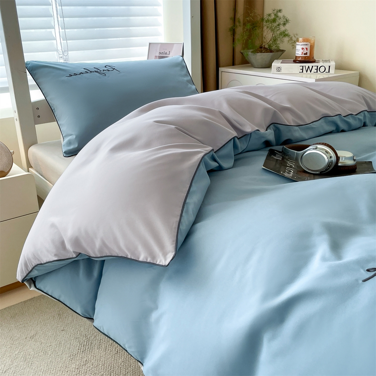 91家纺网 家纺一手货源 找家纺 小久久（小九九） 2025新款亲肤水洗棉麻绳款学生三件套-安琪系列 安琪-海清+山灰