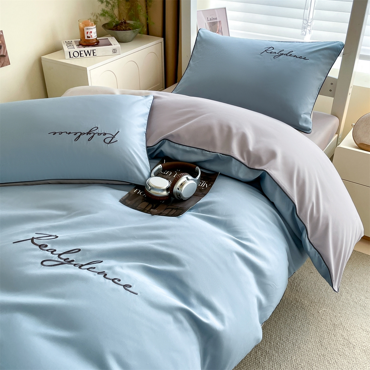 91家纺网 家纺一手货源 找家纺 小久久（小九九） 2025新款亲肤水洗棉麻绳款学生三件套-安琪系列 安琪-海清+山灰