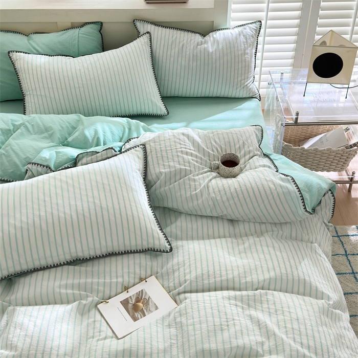 91家纺网 家纺一手货源 找家纺 晚依家纺 2025新款A类全棉色织水洗棉被套单件格子条纹四件套学生宿舍被罩三件套定制定做 诺言-蓝