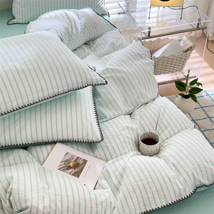 91家纺网 家纺一手货源 找家纺 晚依家纺 2025新款A类全棉色织水洗棉被套单件格子条纹四件套学生宿舍被罩三件套定制定做 诺言-蓝