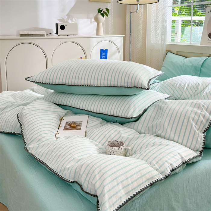 91家纺网 家纺一手货源 找家纺 晚依家纺 2025新款A类全棉色织水洗棉被套单件格子条纹四件套学生宿舍被罩三件套定制定做 诺言-蓝