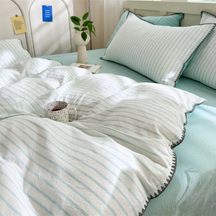 91家纺网 家纺一手货源 找家纺 晚依家纺 2025新款A类全棉色织水洗棉被套单件格子条纹四件套学生宿舍被罩三件套定制定做 诺言-蓝