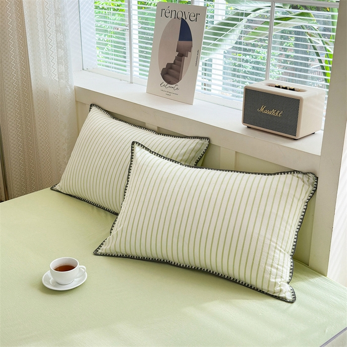 91家纺网 家纺一手货源 找家纺 晚依家纺 2025新款A类全棉色织水洗棉被套单件格子条纹四件套学生宿舍被罩三件套定制定做 诺言-绿