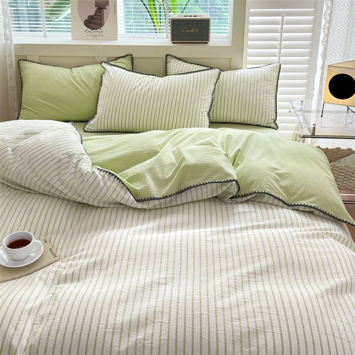 91家纺网 家纺一手货源 找家纺 晚依家纺 2025新款A类全棉色织水洗棉被套单件格子条纹四件套学生宿舍被罩三件套定制定做 诺言-绿