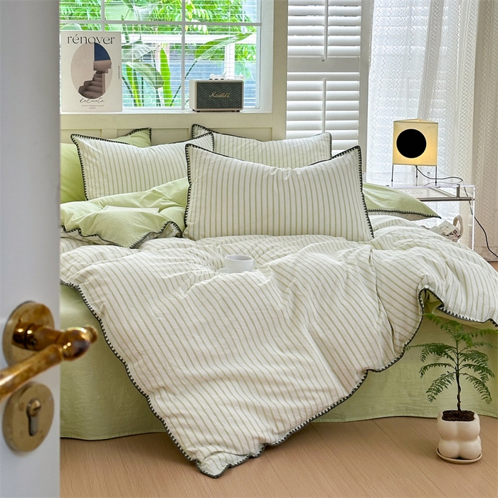 91家纺网 家纺一手货源 找家纺 晚依家纺 2025新款A类全棉色织水洗棉被套单件格子条纹四件套学生宿舍被罩三件套定制定做 诺言-绿