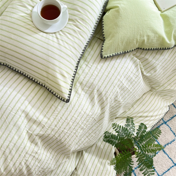 91家纺网 家纺一手货源 找家纺 晚依家纺 2025新款A类全棉色织水洗棉被套单件格子条纹四件套学生宿舍被罩三件套定制定做 诺言-绿