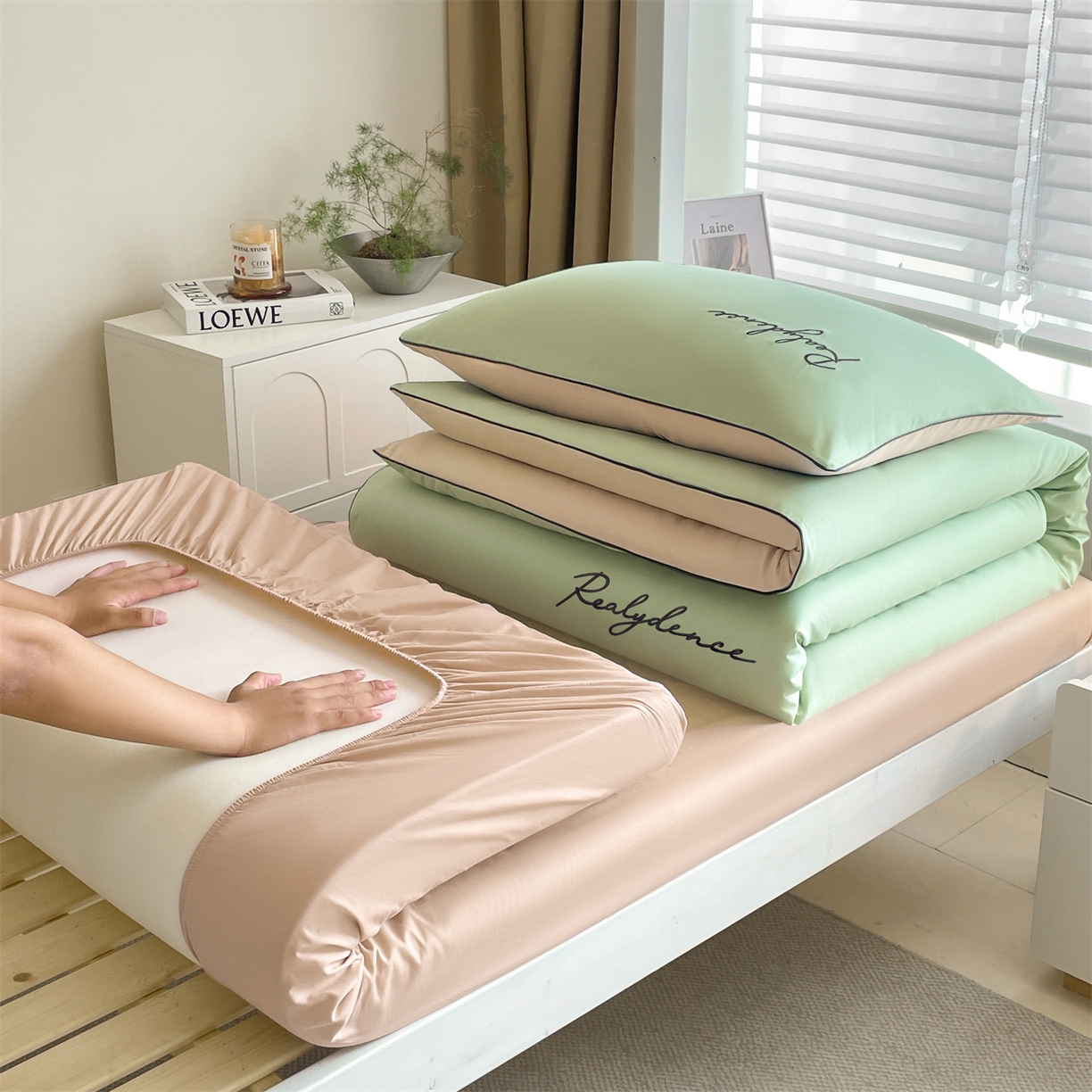 小久久（小九九） 2025新款亲肤水洗棉麻绳款学生三件套-安琪系列 安琪-灰绿+奶茶