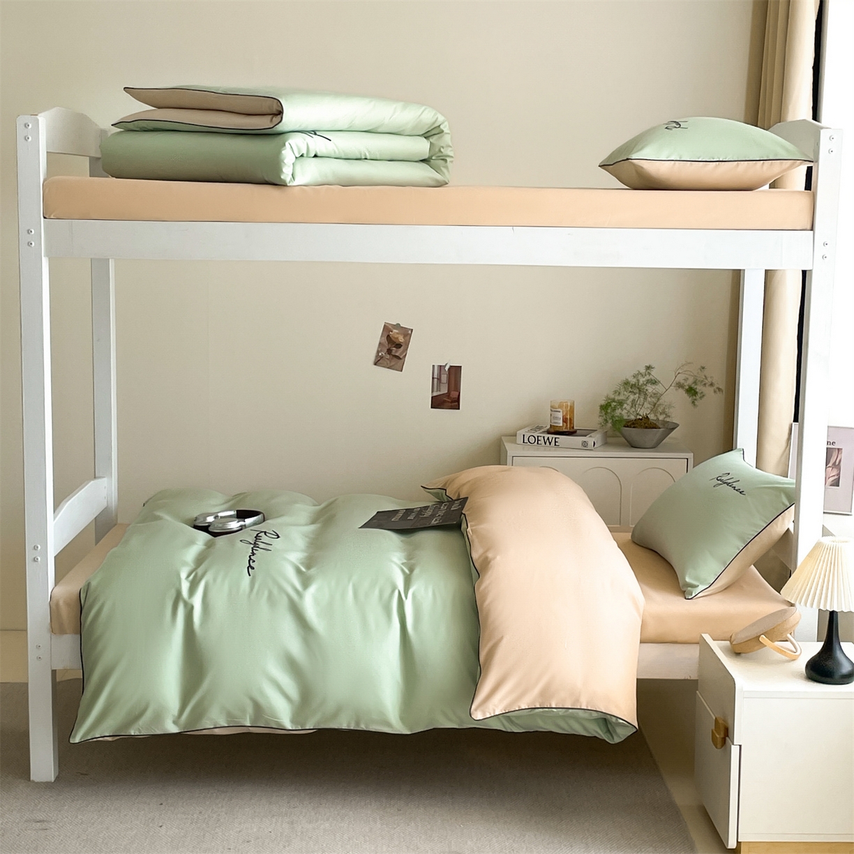 91家纺网 家纺一手货源 找家纺 小久久（小九九） 2025新款亲肤水洗棉麻绳款学生三件套-安琪系列 安琪-灰绿+奶茶